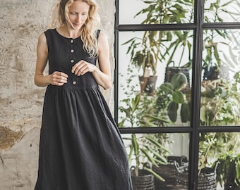 Smock Linen Dress, Linen Sleeveless Dress, Linen Summer Dress Front Buttons, Maternity Linen Dress