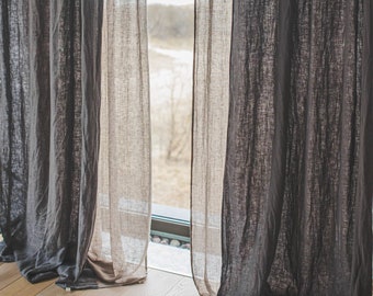 Ties Top Linen Curtain Panel in Gray, Various Colors Natural Soft Linen Drapes, Custom Size Tie Top Linen Curtains