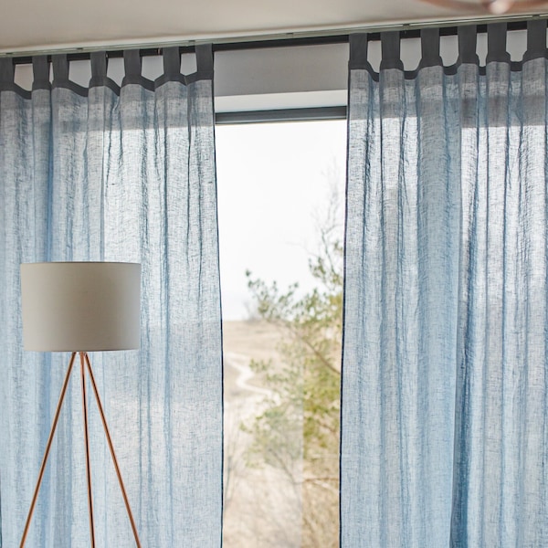 Tab Top See-Through Linen Curtains, Soft Sheer Light Blue Linen Day Tentures, Washed Custom Linen Day Curtains, Soft Light Linen Tentures