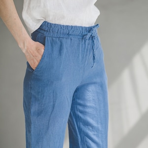 Pantalones de lino ajustados / Pantalones de lino de cintura media / Pantalones de lino con lazo