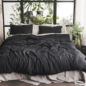 Bed Linen Set, Washed Linen Bedding, Duvet Cover with Pillowcases, Black Linen Bedding Set, Linen Gift Set, Luxurious Gift