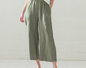 Wide Leg Linen Pants: Bell-Bottom Trousers, Elastic Waist