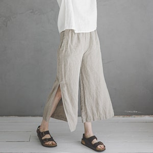 Linen Pants With Side Split, Wide Leg Linen Trousers, Summer Linen Pants