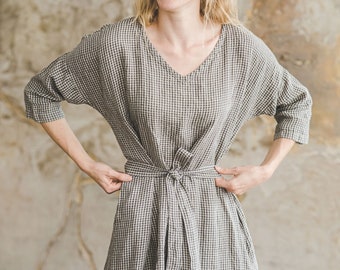 Oversized Linen Tunic Dress with Belt: Drop Shoulder, Loose Fit