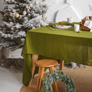 Linen Tablecloth / Washed Soft Linen Table Cloth / Moss Green Linen Tablecloth  / Round, Square,  Table Decoration