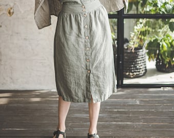 Sage Green Linen Skirt: Button Front Midi Skirt