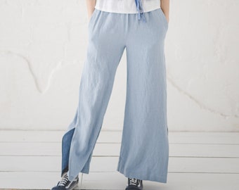 Wide Leg Linen Pants: Summer Trousers with Side Slits