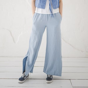 Linen Pants With Side Slit, Wide Leg Linen Trousers, Summer Linen Pants