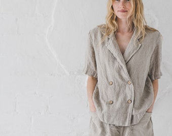 Loose Linen Cardigan: Women's Flax Blazer with Pockets