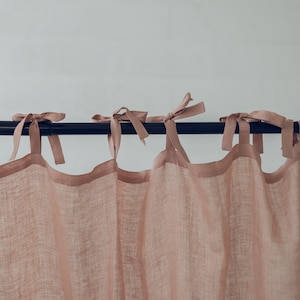 Tie Top Linen Sheer Day Curtain Panel, Soft Washed Linen Drapes Light Peach, Custom See Through Linen Curtains, Natural Light Linen Drapes