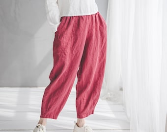 Casual Style Linen Pegged Pants, Summer Linen Pants