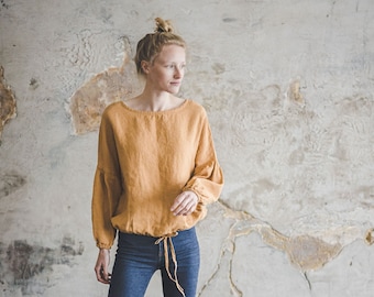 READY TO SHIP Linen Blouse Puffy Sleeve / Bishop Sleeve Poet Blouse / Ethical Fashion Women Basic Linen Top