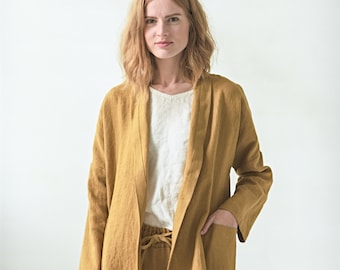 Schwere Leinen-Herbstjacke mit Gürtel, lockere Strickjacke, Mantel im Boho-Stil