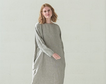 Robe tunique en lin surdimensionnée, robe longue en lin, robe en lin Maxi à manches longues