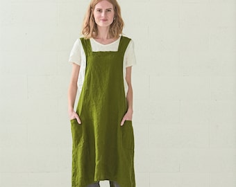 Japanese Style Linen Apron / Linen Pinafore Apron Dress / Gardening Linen Apron / Florist Linen Apron / Pottery Linen Apron