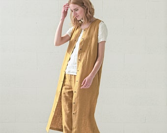 Heavy Linen Vest Jacket, Buttons Down Boho Long Linen Cardigan, Heavy Linen Tunic Dress