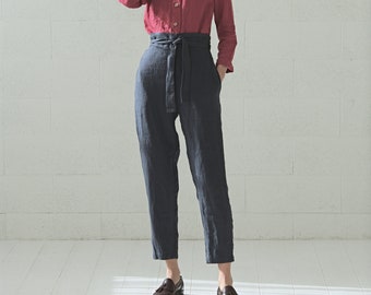 Soft Linen Trousers, Women High Waisted Linen Pants, Tapered Pants