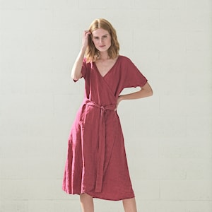 READY TO SHIP Wrap Linen Dress, Kimono Woman Dress, Wrap Midi Dress
