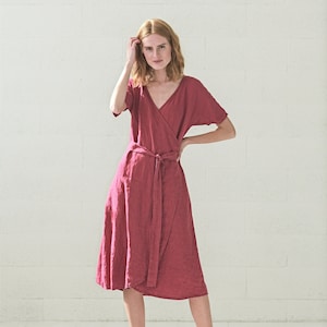 Wrap Linen Dress, Kimono Woman Linen Dress, Wrap Midi Linen Summer Dress