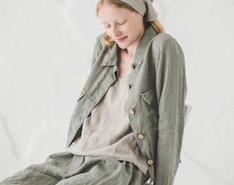 Linen Cargo Jacket, Jacket for Women, Linen Jacket with Large Front Pockets, Flax Linen Blazer