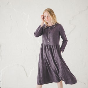 Spring Linen Dress / Wide Skirt Dress / Classic Linen Dress / Collared Women Dress / Boho Linen Dress