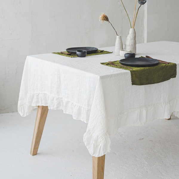 Linen Tablecloth with Ruffles in Various Colors / Table Linen Decor / Handmade Linen Gift / Custom Linen Fabric Tablecloth