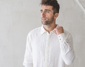 Long Sleeve, Ivory Classic Linen Men's Shirt With Hidden Buttons, Linen Clothing For Men