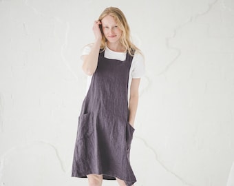Linen Pinafore Dress: Japanese Apron Style with Pockets