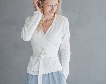 Wrap Spring Linen Blouse, Wrap Crop Top, White Long Sleeve Linen Top, Wrap Around Top