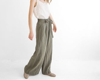 Pantalon large en lin ample, pantalon en lin taille haute, pantalon en lin avec ceinture