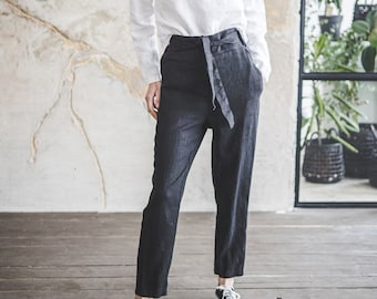 Heavy Linen Pants for Women / High Waisted Linen Pants / Soft Wash Linen Pants