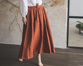 Linen Maxi Skirt: High-Waisted A-Line Boho Skirt with Tie Belt