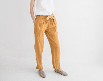 Tapered Linen Women Pants with Belt, High Waist Flax Linen Trousers