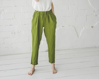 READY TO SHIP Tapered Linen Pants Green Moss / Loose Flax Linen Trousers