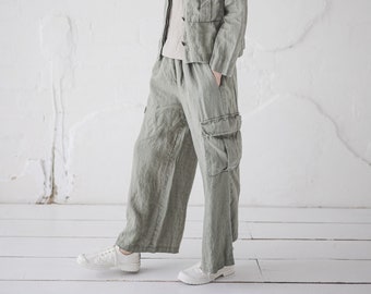 Relaxed Fit Linen Cargo Pants: High Waist Pocket Trousers