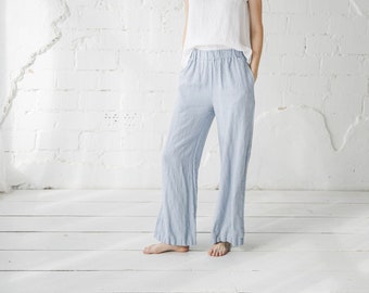 Long Linen Pants Wide Leg / Summer Linen Trousers / Women Elastic Waist Linen Pants / Linen Culottes