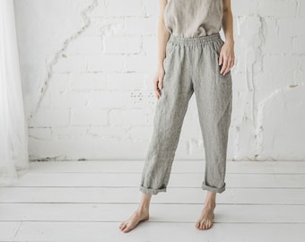 Pantalon en lin avec taille élastique, Pantalon ample en lin naturel, Pantalon en lin pour femme