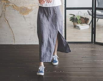 Linen Skirt With Front Slit, High Waist Long Linen Skirt, Linen Skirt For Women