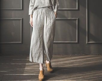 Linen Pants Wide Leg / Loose Linen Pants / Elastic Waist Flax Linen Trousers with Side Pockets