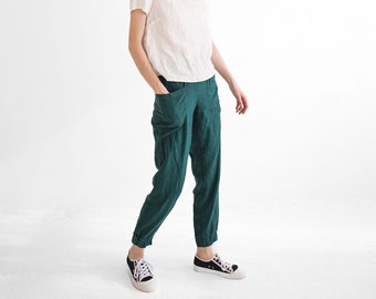 Cargo Linen Pants, Urban Linen Pants, Mid Waist Trousers