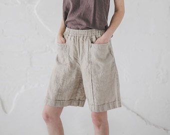 READY TO SHIP Casual Linen Shorts / Oversize Linen Elastic Waist Shorts / Bermuda Linen Shorts for Women