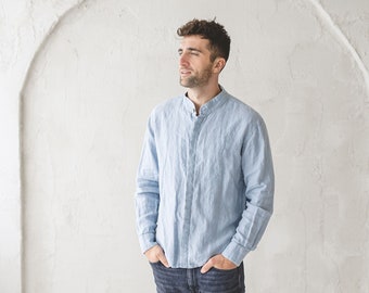 READY TO SHIP Long Sleeve, Classic Linen Men's Shirt With Hidden Buttons, Linen Clothing For Men