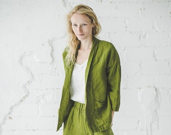 Flax Linen Jacket: Moss Green, Loose Fit Cardigan