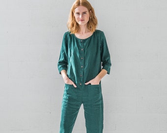 Lässiger Leinen Jumpsuit / Loser Leinen Overall / Frauen Weicher Romper