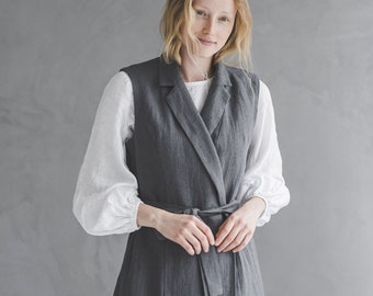 Heavy Linen Sleeveless Cardigan, Long Heavy Linen Vest With Belt, Woman Linen Office Vest