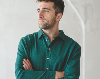 Long Sleeve Classic Linen Men&#39;s Shirt With Buttons, Linen Clothing For Men, Fitted Men&#39;s Linen Casual Shirts