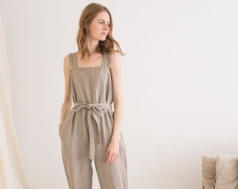 Sleeveless Linen Jumpsuit: Loose Fit Belted Romper