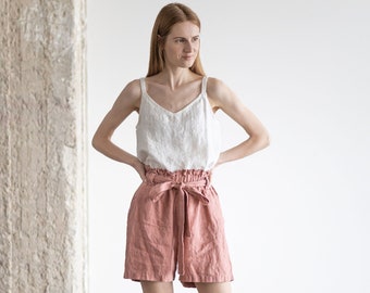 Pantalones cortos de lino de talle alto / Bermudas de mujer con cinturón / Pantalones cortos de lino de verano sueltos
