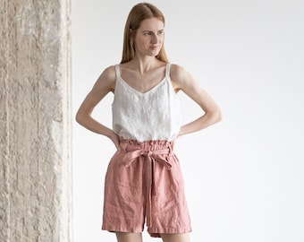 READY TO SHIP High Waisted Linen Shorts / Bermuda Women Shorts With Belt / Loose Summer Linen Shorts