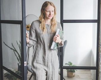 Checkered Linen Loose Jumpsuit, Oversize Linen Romper with Front Natural Buttons, Unisex Linen Overall